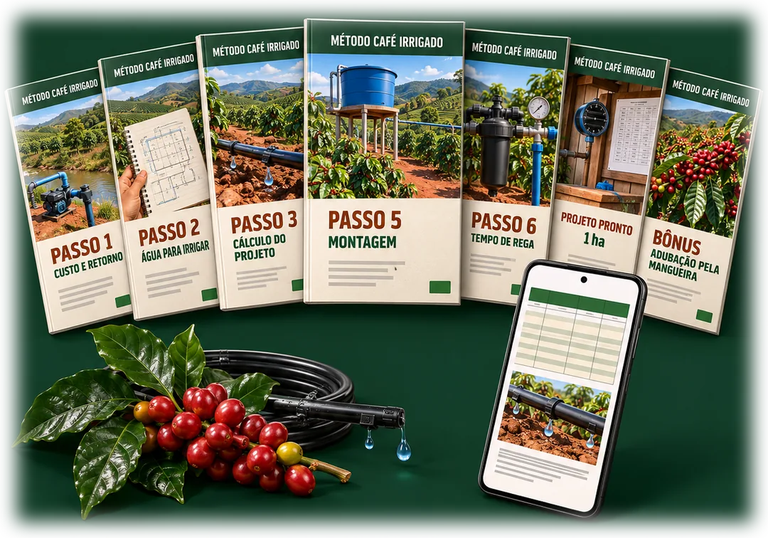 Os cadernos do Método Café Irrigado em leque (passos, projeto pronto de 1 hectare e bônus Adubação pela mangueira), um celular com uma página aberta, um ramo de café e a mangueira de gotejamento