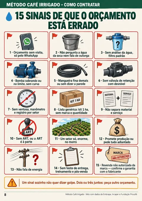 Os 15 sinais de que o orçamento de irrigação está errado, em cards com ícone
