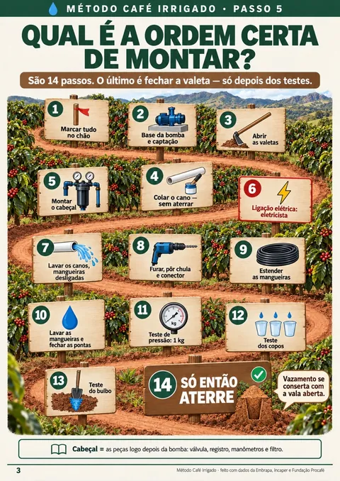 Os 14 passos da montagem do gotejamento numa página só, na ordem certa