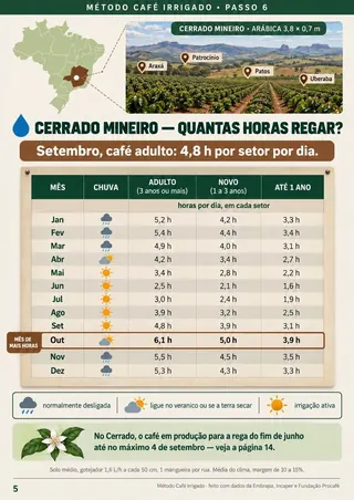Tabela de horas de rega mês a mês no Cerrado Mineiro, para café adulto, novo e de até 1 ano
